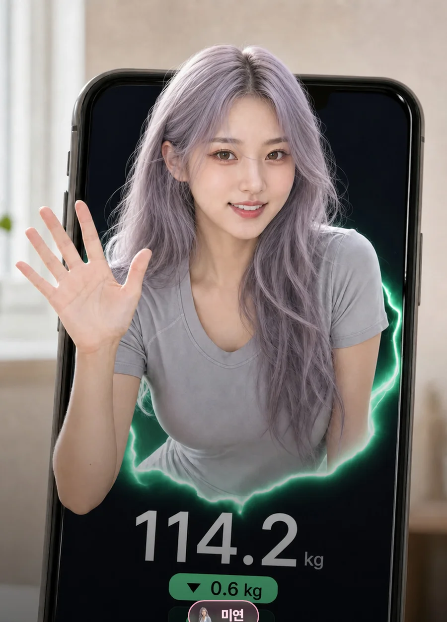 fitmate 앱 화면에서 손을 흔드는 AI 캐릭터 미연. 화면에는 오늘 체중 114.2kg이 표시돼 있다